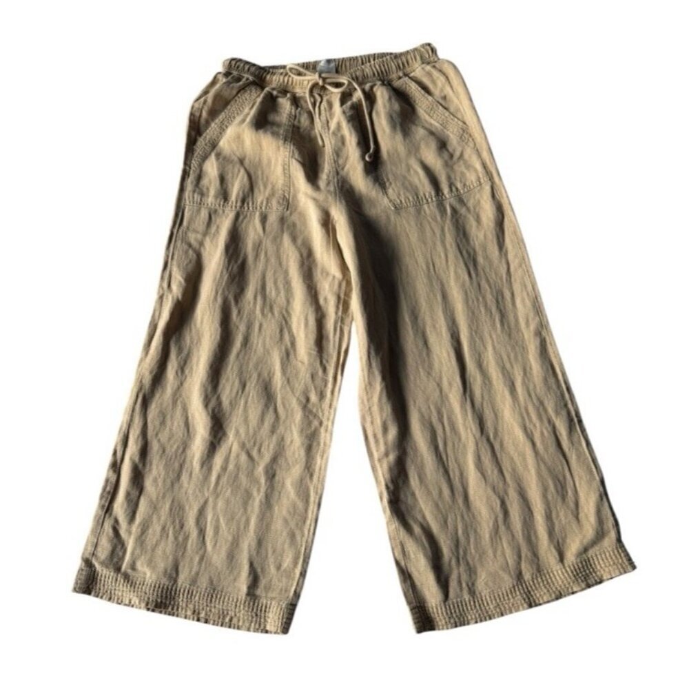 J Joie Women's Sz L Tan Linen Blend High Rise Wide Leg Pull On Pants